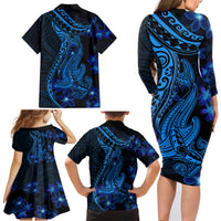 Blue Polynesia Shark Tattoo Family Matching Long Sleeve Bodycon Dress and Hawaiian Shirt With Polynesian Plumeria LT14 - Polynesian Pride