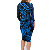 Blue Polynesia Shark Tattoo Family Matching Long Sleeve Bodycon Dress and Hawaiian Shirt With Polynesian Plumeria LT14 - Polynesian Pride
