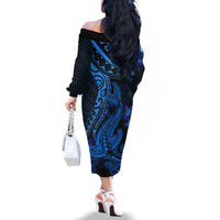 Blue Polynesia Shark Tattoo Family Matching Off Shoulder Long Sleeve Dress and Hawaiian Shirt With Polynesian Plumeria LT14 - Polynesian Pride