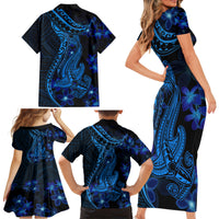 Blue Polynesia Shark Tattoo Family Matching Short Sleeve Bodycon Dress and Hawaiian Shirt With Polynesian Plumeria LT14 - Polynesian Pride
