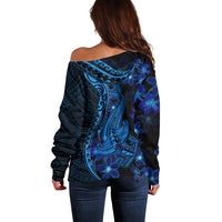 Blue Polynesia Shark Tattoo Off Shoulder Sweater With Polynesian Plumeria LT14 - Polynesian Pride