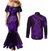 Purple Polynesia Shark Tattoo Couples Matching Mermaid Dress and Long Sleeve Button Shirt With Polynesian Plumeria LT14 - Polynesian Pride