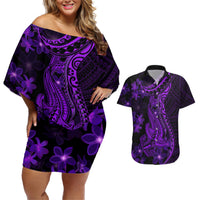 Purple Polynesia Shark Tattoo Couples Matching Off Shoulder Short Dress and Hawaiian Shirt With Polynesian Plumeria LT14 Purple - Polynesian Pride