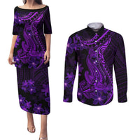 Purple Polynesia Shark Tattoo Couples Matching Puletasi Dress and Long Sleeve Button Shirt With Polynesian Plumeria LT14 Purple - Polynesian Pride
