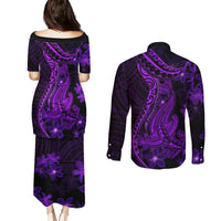 Purple Polynesia Shark Tattoo Couples Matching Puletasi Dress and Long Sleeve Button Shirt With Polynesian Plumeria LT14 - Polynesian Pride