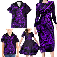 Purple Polynesia Shark Tattoo Family Matching Long Sleeve Bodycon Dress and Hawaiian Shirt With Polynesian Plumeria LT14 - Polynesian Pride