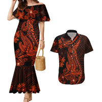 Red Polynesia Couples Matching Mermaid Dress and Hawaiian Shirt Shark Tattoo With Polynesian Plumeria LT14 Red - Polynesian Pride