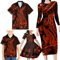 Red Polynesia Family Matching Long Sleeve Bodycon Dress and Hawaiian Shirt Shark Tattoo With Polynesian Plumeria LT14 - Polynesian Pride