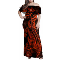 Red Polynesia Family Matching Off Shoulder Maxi Dress and Hawaiian Shirt Shark Tattoo With Polynesian Plumeria LT14 Mom's Dress Red - Polynesian Pride