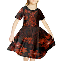 Red Polynesia Kid Short Sleeve Dress Shark Tattoo With Polynesian Plumeria LT14 - Polynesian Pride