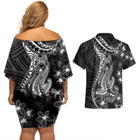 Black Polynesia Couples Matching Off Shoulder Short Dress and Hawaiian Shirt Shark Tattoo With Polynesian Plumeria LT14 - Polynesian Pride
