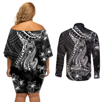 Black Polynesia Couples Matching Off Shoulder Short Dress and Long Sleeve Button Shirt Shark Tattoo With Polynesian Plumeria LT14 - Polynesian Pride