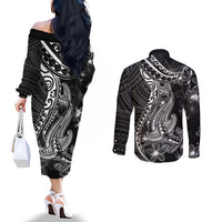 Black Polynesia Couples Matching Off The Shoulder Long Sleeve Dress and Long Sleeve Button Shirt Shark Tattoo With Polynesian Plumeria LT14 - Polynesian Pride