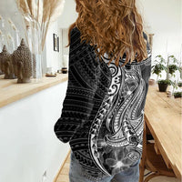 Black Polynesia Women Casual Shirt Shark Tattoo With Polynesian Plumeria LT14 - Polynesian Pride