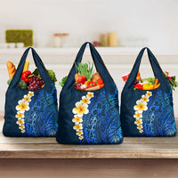 Blue Polynesia Grocery Bag Plumeria Tropical Leaves With Galaxy Polynesian Art