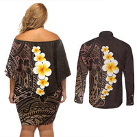 Brown Polynesia Couples Matching Off Shoulder Short Dress and Long Sleeve Button Shirt Plumeria Tropical Leaves With Galaxy Polynesian Art LT14 - Polynesian Pride