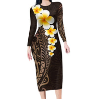 Brown Polynesia Family Matching Long Sleeve Bodycon Dress and Hawaiian Shirt Plumeria Tropical Leaves With Galaxy Polynesian Art LT14 Mom's Dress Brown - Polynesian Pride