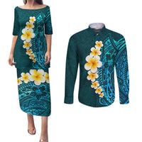 Turquosie Polynesia Couples Matching Puletasi Dress and Long Sleeve Button Shirt Plumeria Tropical Leaves With Galaxy Polynesian Art LT14 Turquoise - Polynesian Pride