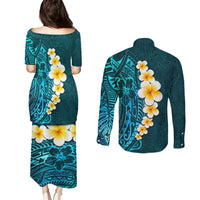 Turquosie Polynesia Couples Matching Puletasi Dress and Long Sleeve Button Shirt Plumeria Tropical Leaves With Galaxy Polynesian Art LT14 - Polynesian Pride