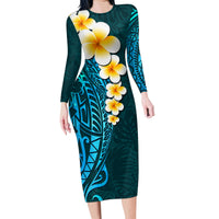 Turquosie Polynesia Family Matching Long Sleeve Bodycon Dress and Hawaiian Shirt Plumeria Tropical Leaves With Galaxy Polynesian Art LT14 Mom's Dress Turquoise - Polynesian Pride