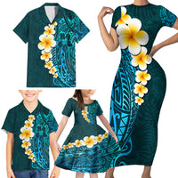 Turquosie Polynesia Family Matching Short Sleeve Bodycon Dress and Hawaiian Shirt Plumeria Tropical Leaves With Galaxy Polynesian Art LT14 - Polynesian Pride