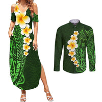Green Polynesia Couples Matching Summer Maxi Dress and Long Sleeve Button Shirt Plumeria Tropical Leaves With Galaxy Polynesian Art LT14 Green - Polynesian Pride