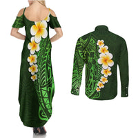 Green Polynesia Couples Matching Summer Maxi Dress and Long Sleeve Button Shirt Plumeria Tropical Leaves With Galaxy Polynesian Art LT14 - Polynesian Pride