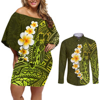Lime Green Tropical Plumeria With Galaxy Polynesian Art Couples Matching Off Shoulder Short Dress and Long Sleeve Button Shirt LT14 Lime Green - Polynesian Pride