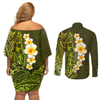 Lime Green Tropical Plumeria With Galaxy Polynesian Art Couples Matching Off Shoulder Short Dress and Long Sleeve Button Shirt LT14 - Polynesian Pride