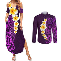 Purple Tropical Plumeria With Galaxy Polynesian Art Couples Matching Summer Maxi Dress and Long Sleeve Button Shirt LT14 Purple - Polynesian Pride