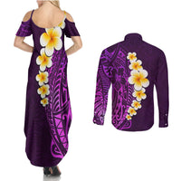 Purple Tropical Plumeria With Galaxy Polynesian Art Couples Matching Summer Maxi Dress and Long Sleeve Button Shirt LT14 - Polynesian Pride