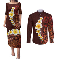 Red Tropical Plumeria With Galaxy Polynesian Art Couples Matching Puletasi Dress and Long Sleeve Button Shirt LT14 Red - Polynesian Pride