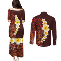 Red Tropical Plumeria With Galaxy Polynesian Art Couples Matching Puletasi Dress and Long Sleeve Button Shirt LT14 - Polynesian Pride