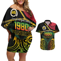 Vanuatu 1980 Couples Matching Off Shoulder Short Dress and Hawaiian Shirt Hapi 46 Yia Indipendens Anivesari LT14 Black - Polynesian Pride