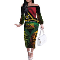 Vanuatu 1980 Family Matching Off The Shoulder Long Sleeve Dress and Hawaiian Shirt Hapi 46 Yia Indipendens Anivesari LT14 Mom's Dress Black - Polynesian Pride