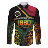 Vanuatu 1980 Family Matching Off Shoulder Short Dress and Hawaiian Shirt Hapi 46 Yia Indipendens Anivesari LT14 Dad's Shirt - Long Sleeve Black - Polynesian Pride