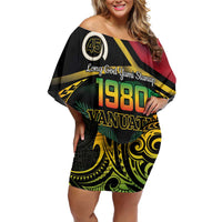 Vanuatu 1980 Family Matching Off Shoulder Short Dress and Hawaiian Shirt Hapi 46 Yia Indipendens Anivesari LT14 Mom's Dress Black - Polynesian Pride