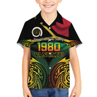 Vanuatu 1980 Family Matching Off Shoulder Short Dress and Hawaiian Shirt Hapi 46 Yia Indipendens Anivesari LT14 Son's Shirt Black - Polynesian Pride