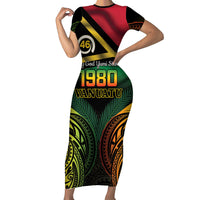 Vanuatu 1980 Family Matching Short Sleeve Bodycon Dress and Hawaiian Shirt Hapi 46 Yia Indipendens Anivesari LT14 Mom's Dress Black - Polynesian Pride