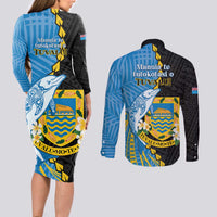 Tuvalu Independence Day Couples Matching Long Sleeve Bodycon Dress and Long Sleeve Button Shirt Manuia te tutokotasi o Tuvaluan Dolphin Tattoo LT14 - Polynesian Pride
