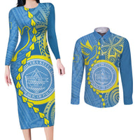 Personalised Palau Independence Day Couples Matching Long Sleeve Bodycon Dress and Long Sleeve Button Shirt Belau Coat Of Arms Polynesian Curve Style