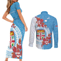 Personalised Fiji Day Couples Matching Short Sleeve Bodycon Dress and Long Sleeve Button Shirt Fijian Tapa Pattern Mix Tagimoucia - Blue Version LT14 - Polynesian Pride