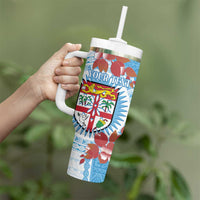 Personalised Fiji Day Tumbler With Handle Fijian Tapa Pattern Mix Tagimoucia - Blue Version