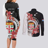 Personalised Fiji Day Couples Matching Long Sleeve Bodycon Dress and Long Sleeve Button Shirt Fijian Tapa Pattern Mix Tagimoucia - Black Version LT14 - Polynesian Pride