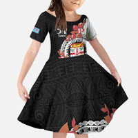 Personalised Fiji Day Family Matching Short Sleeve Bodycon Dress and Hawaiian Shirt Fijian Tapa Pattern Mix Tagimoucia - Black Version LT14 Daughter's Dress Black - Polynesian Pride
