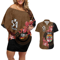 Personalised Fiji Day Couples Matching Off Shoulder Short Dress and Hawaiian Shirt Fijian Tapa Pattern Mix Tagimoucia - Brown Version LT14 Brown - Polynesian Pride