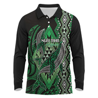 Aotearoa Iwi Ngai Tahu Personalised Long Sleeve Polo Shirt NZ Maori Humpback Whale Taniko Motifs LT14 Green - Polynesian Pride