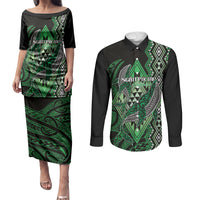 Aotearoa Iwi Ngati Pikiao Personalised Couples Matching Puletasi and Long Sleeve Button Shirt NZ Maori Humpback Whale Taniko Motifs LT14 Green - Polynesian Pride