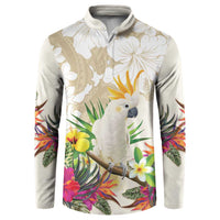 New Zealand Cacatua Galerita Button Sweatshirt Aotearoa Cockatoo Tropical Flowers LT14 Beige - Polynesian Pride