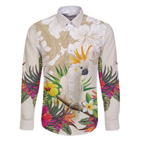 New Zealand Cacatua Galerita Family Matching Mermaid Dress and Hawaiian Shirt Aotearoa Cockatoo Tropical Flowers LT14 Dad's Shirt - Long Sleeve Beige - Polynesian Pride